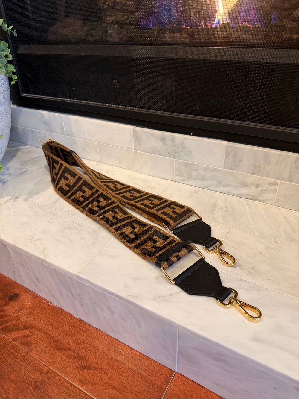Fendi FF Logo Adjustable Shoulder Strap Brown Zucca Canvas Gold Hardware